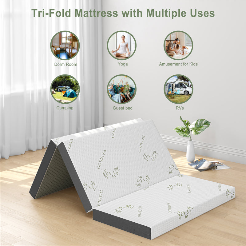 Folding Mattress, TEQSLI Tri-Fold Gel Memory Foam Mattress 4 Inch, Portable Mattress with Bamboo Cover, for Traveling, Camping, Guest Bed