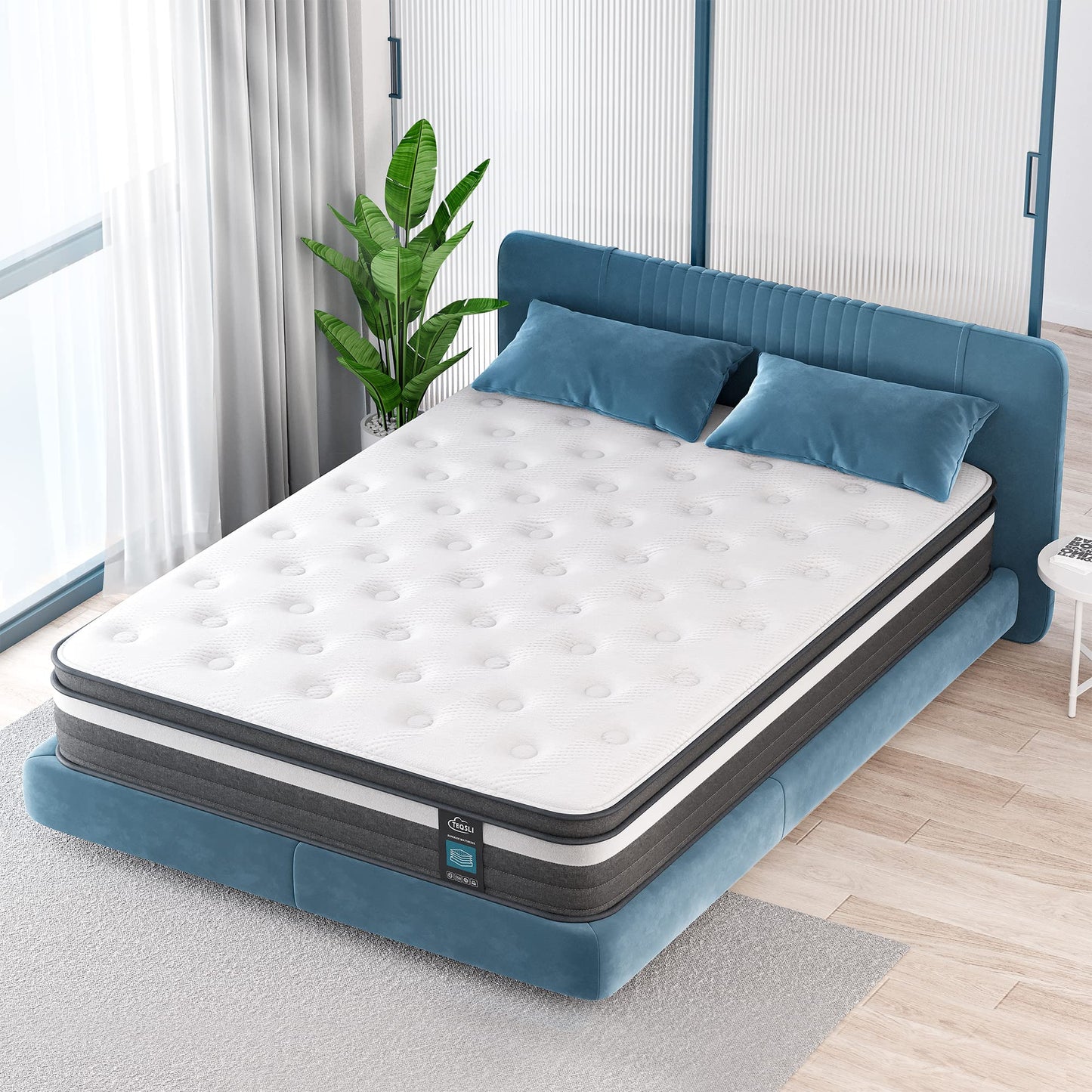 TEQSLI Gel Memory Foam and Pocket Innerspring Hybrid Mattress in a Box, Medium Firm, CertiPUR-US Certified, 100-Night Trial, 10-Year Warranty