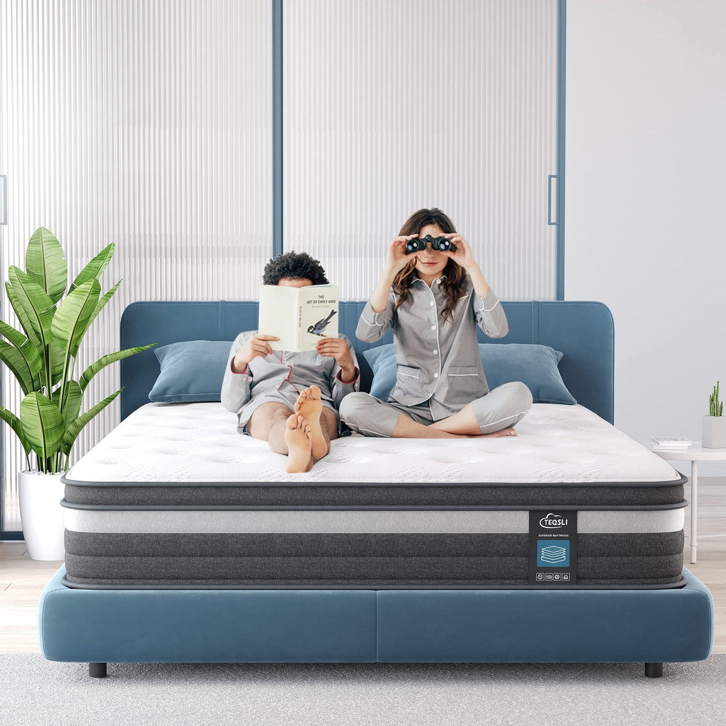 TEQSLI Gel Memory Foam and Pocket Innerspring Hybrid Mattress in a Box, Medium Firm, CertiPUR-US Certified, 100-Night Trial, 10-Year Warranty