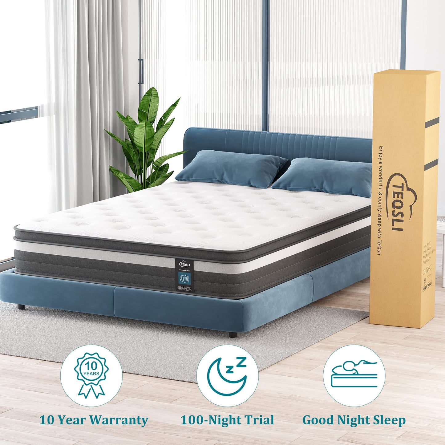 TEQSLI Gel Memory Foam and Pocket Innerspring Hybrid Mattress in a Box, Medium Firm, CertiPUR-US Certified, 100-Night Trial, 10-Year Warranty