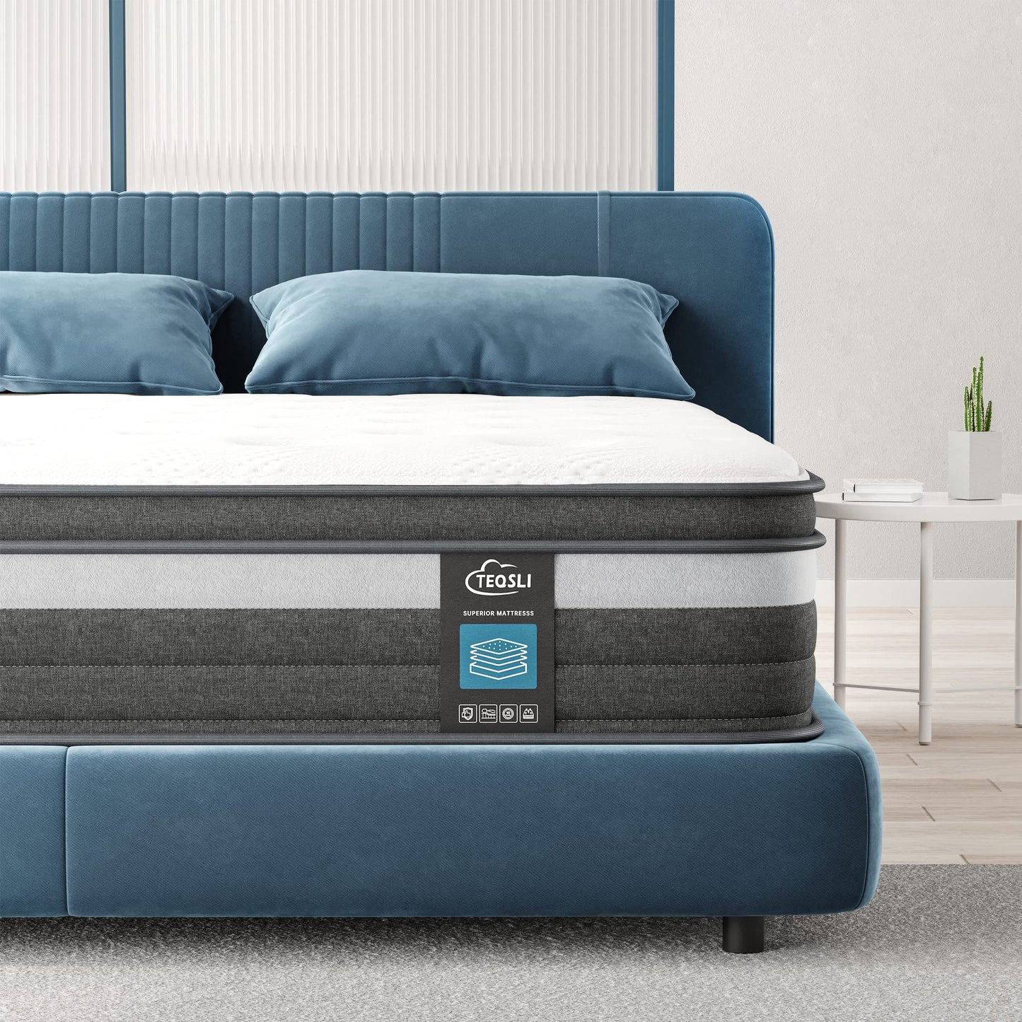 TEQSLI Gel Memory Foam and Pocket Innerspring Hybrid Mattress in a Box, Medium Firm, 100-Night Trial, 10-Year Warranty