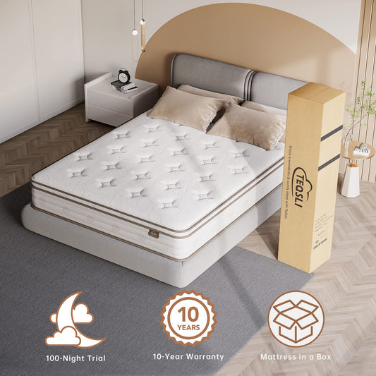 TEQSLI Mattress, Sleep Cooler Eggshell Memory Foam and 7 Zone Pocket Innerspring Hybrid Mattress in a Box, Medium Firm Mattress, 100-Night Trial