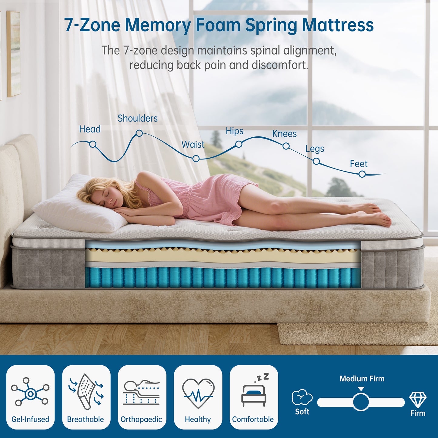 TeQsli 10 Inch 7-Zone Orthopaedic Double Mattress, 4FT6 Gel Memory Foam & Pocket Sprung Hybrid Double Mattress for Pressure & Back Pain Relief – Medium Firm – Edge Support – 135x190x25cm