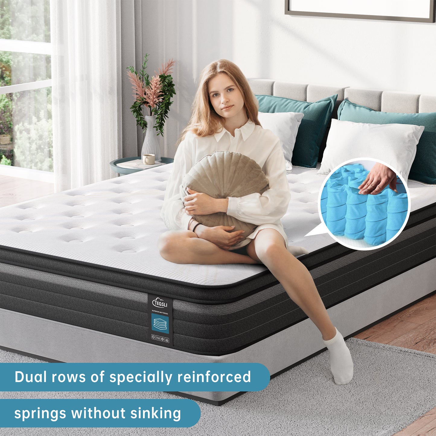 TeQsli Gel Individually Pocket Sprung King Mattress 5FT with Soft Fabric, 9 Inch Hybrid Mattress King for Pressure & Back Pain Relief, Medium Firm Mattresses in a Box-150x200x22cm