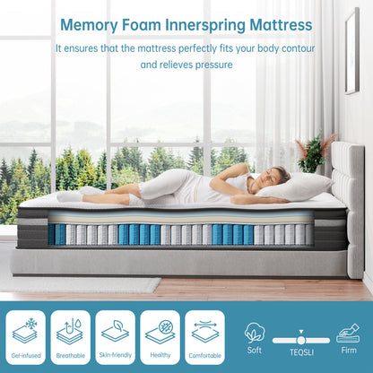TeQsli Gel Individually Pocket Sprung King Mattress 5FT with Soft Fabric, 9 Inch Hybrid Mattress King for Pressure & Back Pain Relief, Medium Firm Mattresses in a Box-150x200x22cm