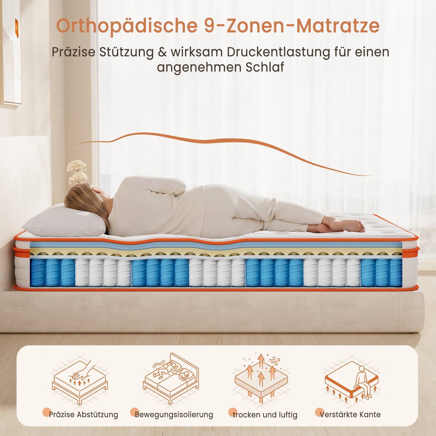TeQsli 9-Zonen Matratze 140x200 cm H3 mittelfest 25cm Höhe, Ergonomische Taschenfederkernmatratze mit Gel Memory Schaum, Rücken- & Druckentlastung, Atmungsaktiver Bezug Öko-Tex & CertiPUR zertifiziert