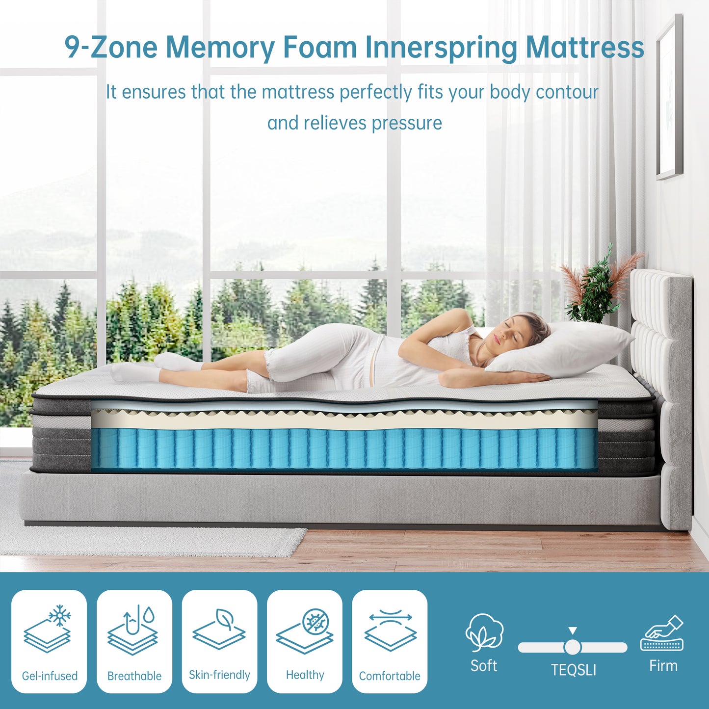 TeQsli Double Mattress, 10.6 Inch Cool Memory Foam Individually Pocket Sprung Mattress for Pressure & Back Pain Relief, 9-Zone Targeted Support Hybrid Mattress in a Box-135x190x27cm
