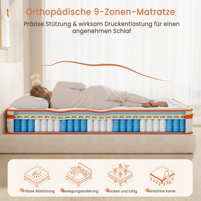 TeQsli 9-Zonen Matratze 90x200 cm H3 mittelfest 25cm Höhe, Ergonomische Taschenfederkernmatratze mit Gel Memory Schaum, Rücken- & Druckentlastung, Atmungsaktiver Bezug, Öko-Tex & CertiPUR zertifiziert