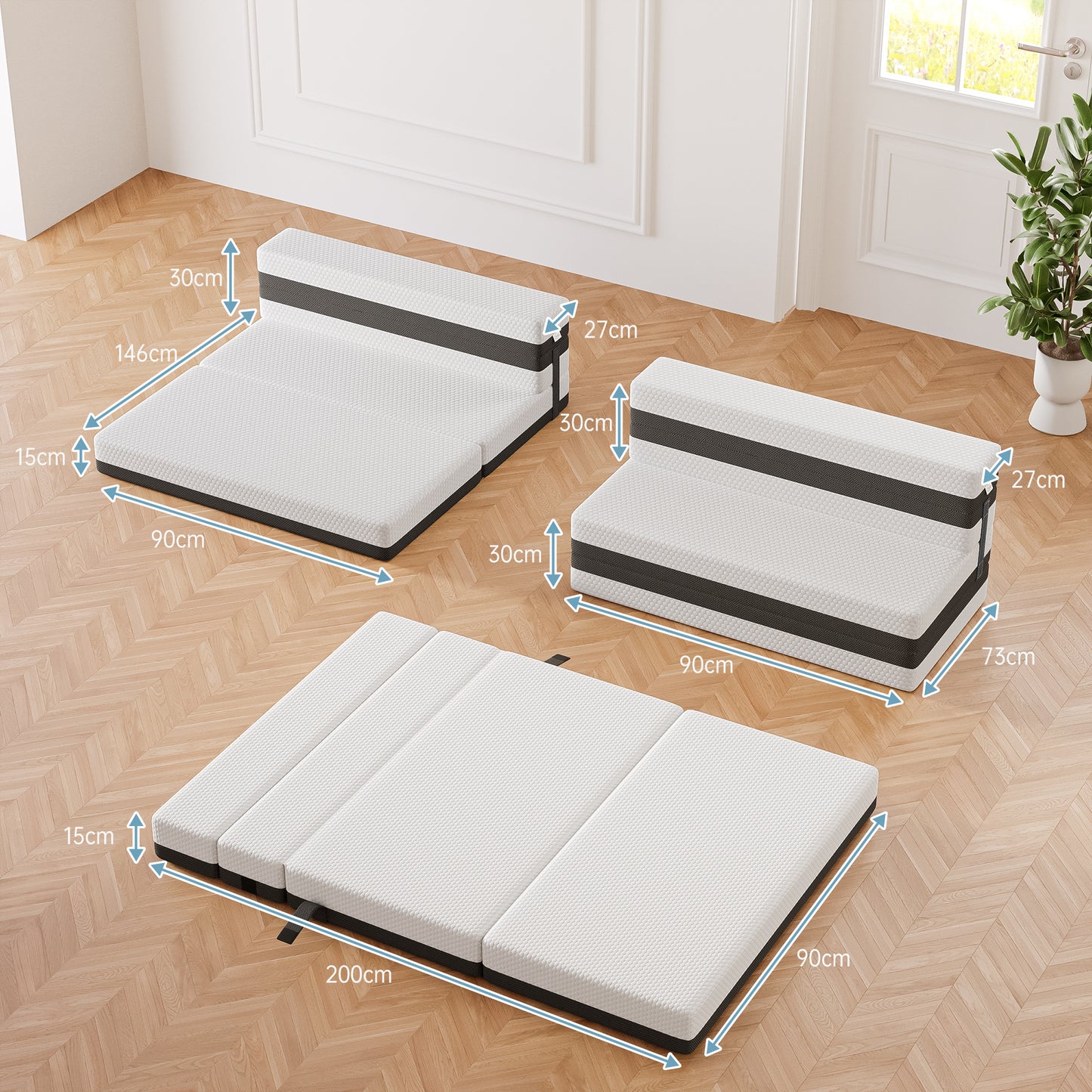 TeQsli Gel Klappmatratze 15 cm Höhe, Gästematratze, 4-teilige Faltmatratze & 3-in-1 Schlafsofa mit waschbarem und abnehmbarem Bezug, Öko-Tex & CertiPUR Zertifiziert (75x200x15cm)