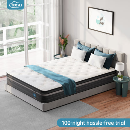 TeQsli Double Mattress, 10.6 Inch Cool Memory Foam Individually Pocket Sprung Mattress for Pressure & Back Pain Relief, 9-Zone Targeted Support Hybrid Mattress in a Box-135x190x27cm