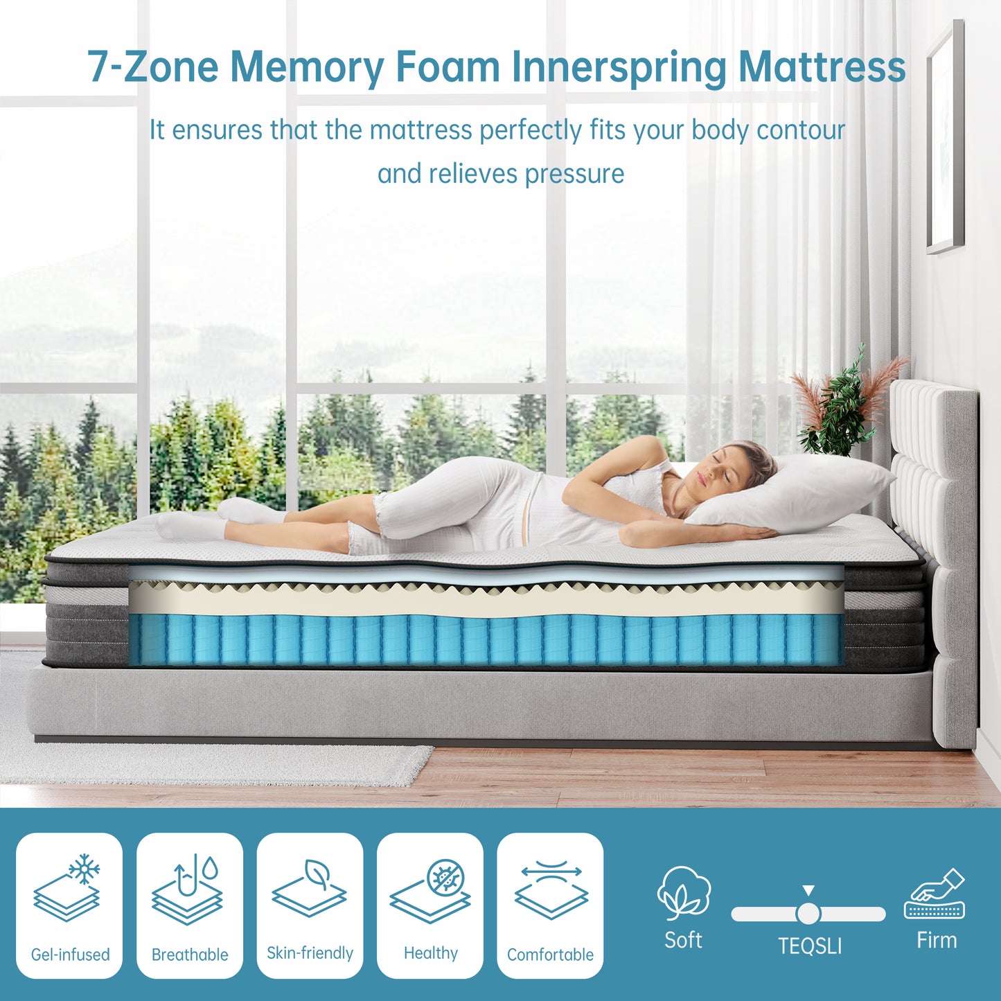 TeQsli Double Mattress, 10.6 Inch Cool Memory Foam Individually Pocket Sprung Mattress for Pressure & Back Pain Relief, 9-Zone Targeted Support Hybrid Mattress in a Box-135x190x27cm