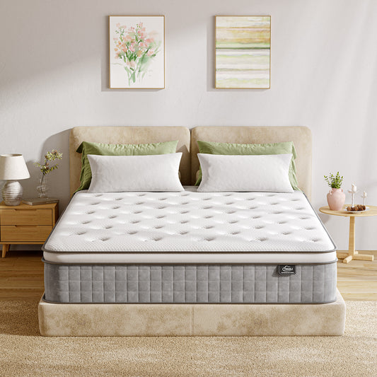 TeQsli 10 Inch 7-Zone Orthopaedic Double Mattress, 4FT6 Gel Memory Foam & Pocket Sprung Hybrid Double Mattress for Pressure & Back Pain Relief – Medium Firm – Edge Support – 135x190x25cm