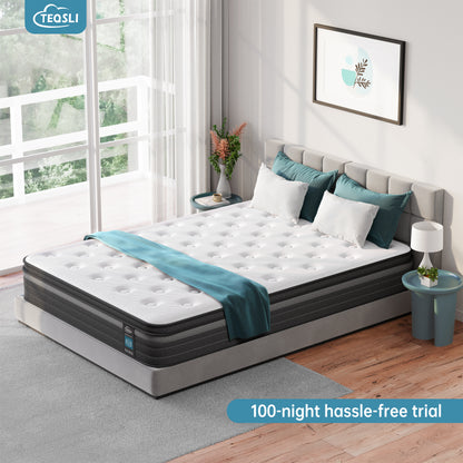 TeQsli Gel Individually Pocket Sprung Super King Mattress 6FT with Soft Fabric, 9 Inch Hybrid Mattress Super King for Pressure & Back Pain Relief, Medium Firm -180x200x22cm