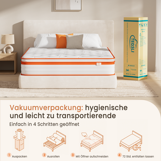 TeQsli 9-Zonen Matratze 90x200 cm H3 mittelfest 25cm Höhe, Ergonomische Taschenfederkernmatratze mit Gel Memory Schaum, Rücken- & Druckentlastung, Atmungsaktiver Bezug, Öko-Tex & CertiPUR zertifiziert