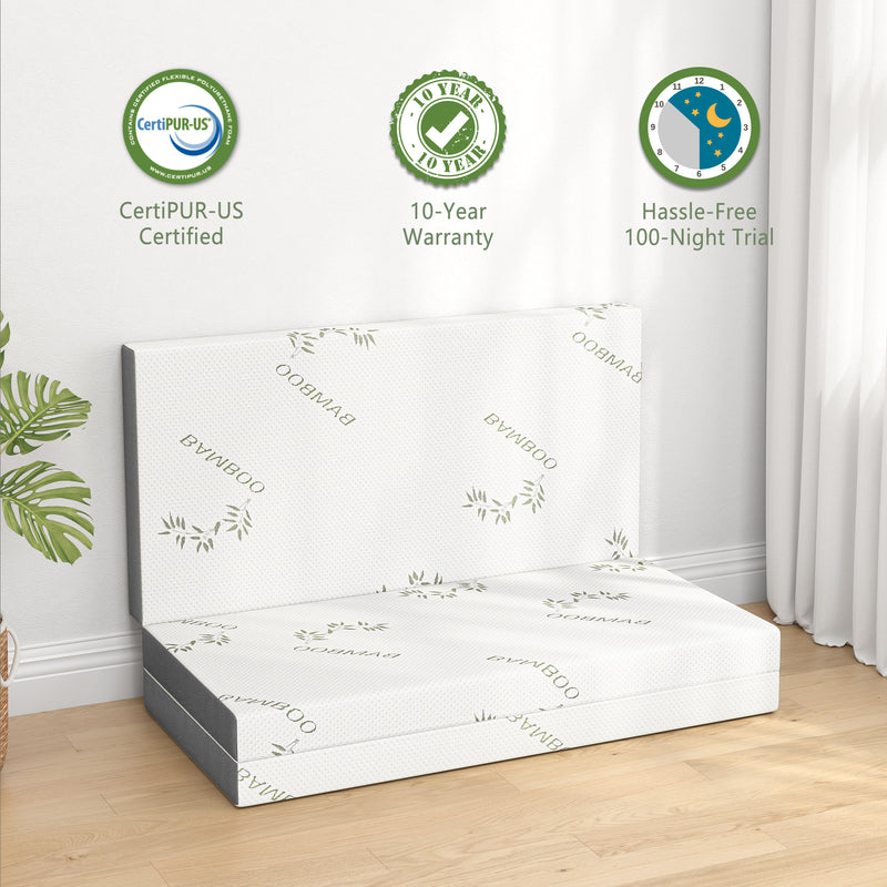 Folding Mattress, TEQSLI Tri-Fold Gel Memory Foam Mattress 4 Inch, Portable Mattress with Bamboo Cover, for Traveling, Camping, Guest Bed